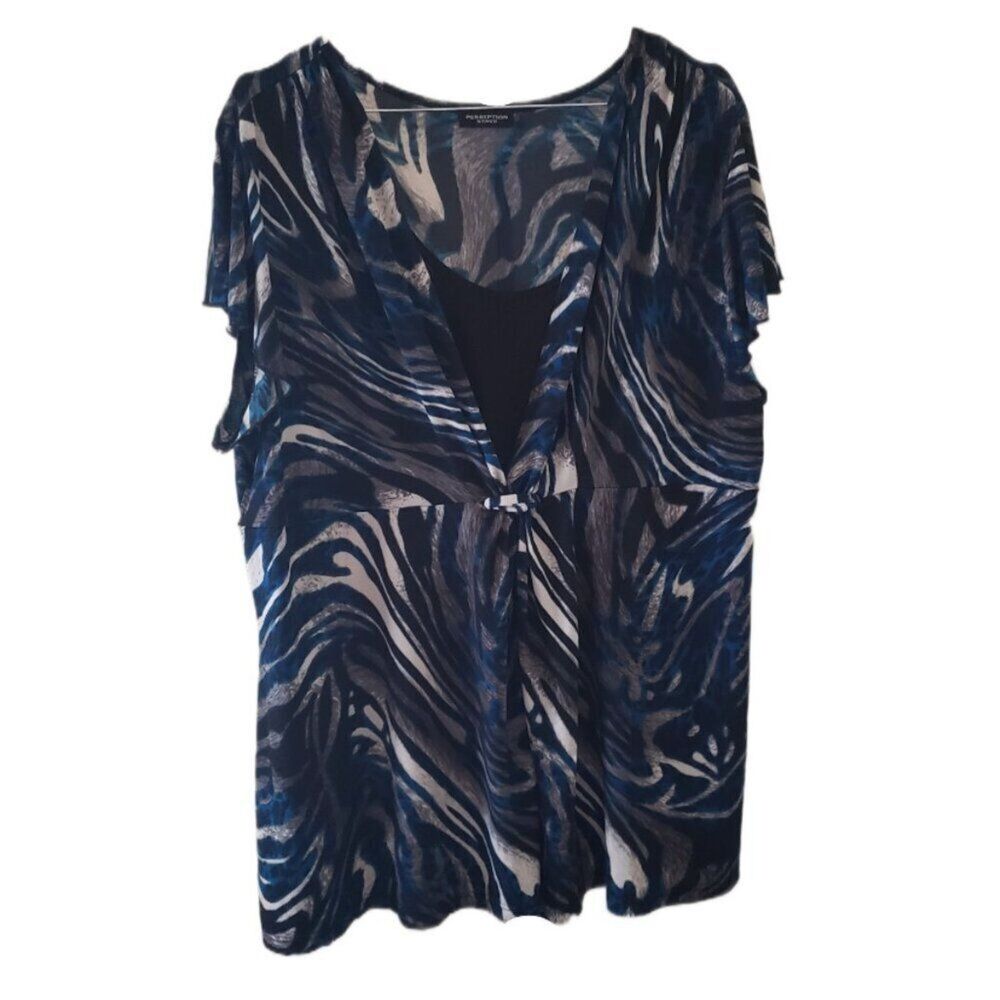 Perseption Women Multi Color Blue/Gray Marble 3/4 Sleeve Blouse